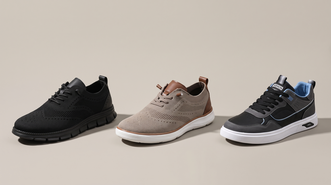 Urban Oxford Sneakers, Wide Fit Walking Shoes and Low Top Skate Sneakers from Adam & Westcott arranged on a neutral studio background