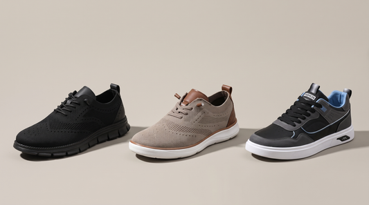 Urban Oxford Sneakers, Wide Fit Walking Shoes and Low Top Skate Sneakers from Adam & Westcott arranged on a neutral studio background