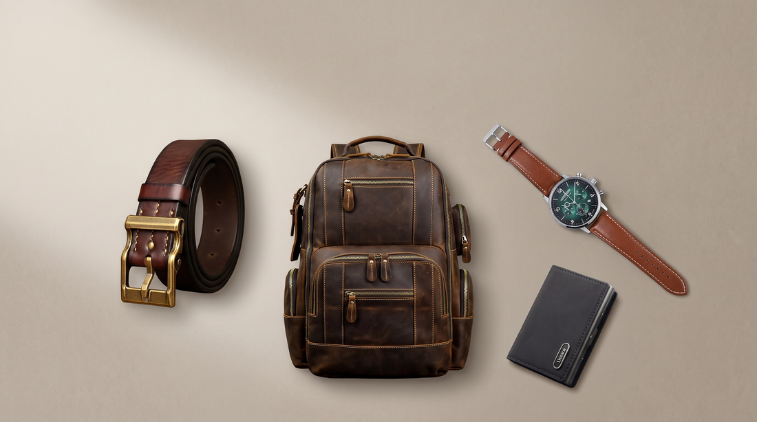 A leather belt, cowhide travel backpack, leather chronograph watch and slim card wallet from Adam & Westcott arranged as a gift flat-lay