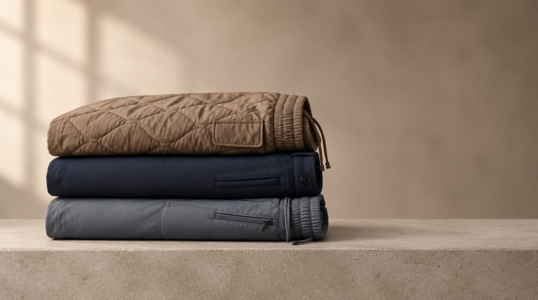 Three pairs of Adam & Westcott fleece-lined trousers folded and stacked on a concrete ledge