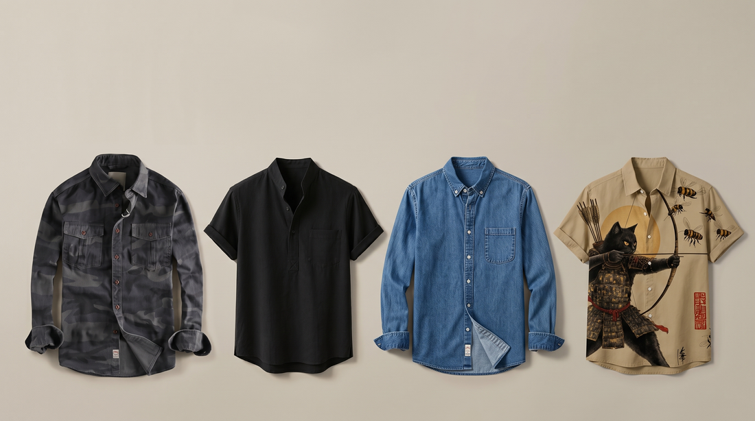 Four best-selling Adam & Westcott men's shirts laid flat on a warm neutral background: camouflage cotton, black linen, blue denim and khaki printed