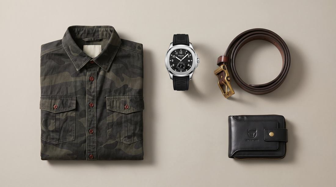 Adam & Westcott gift flat lay: camouflage cotton button-up shirt, black sport watch, brown leather belt and black leather wallet on a warm neutral background