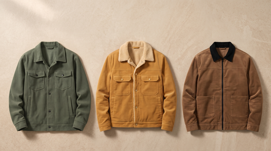 Three new Adam & Westcott corduroy jackets laid flat: green chore, mustard fleece-lined trucker and brown contrast-collar zip