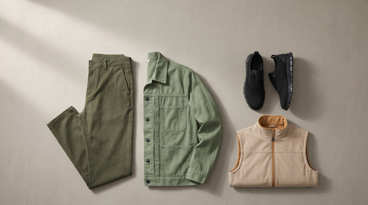 Slim Stretch Casual Pants in army green laid flat with a washed green chore jacket, black Urban Oxford Sneakers and a beige Softshell Fleece Vest
