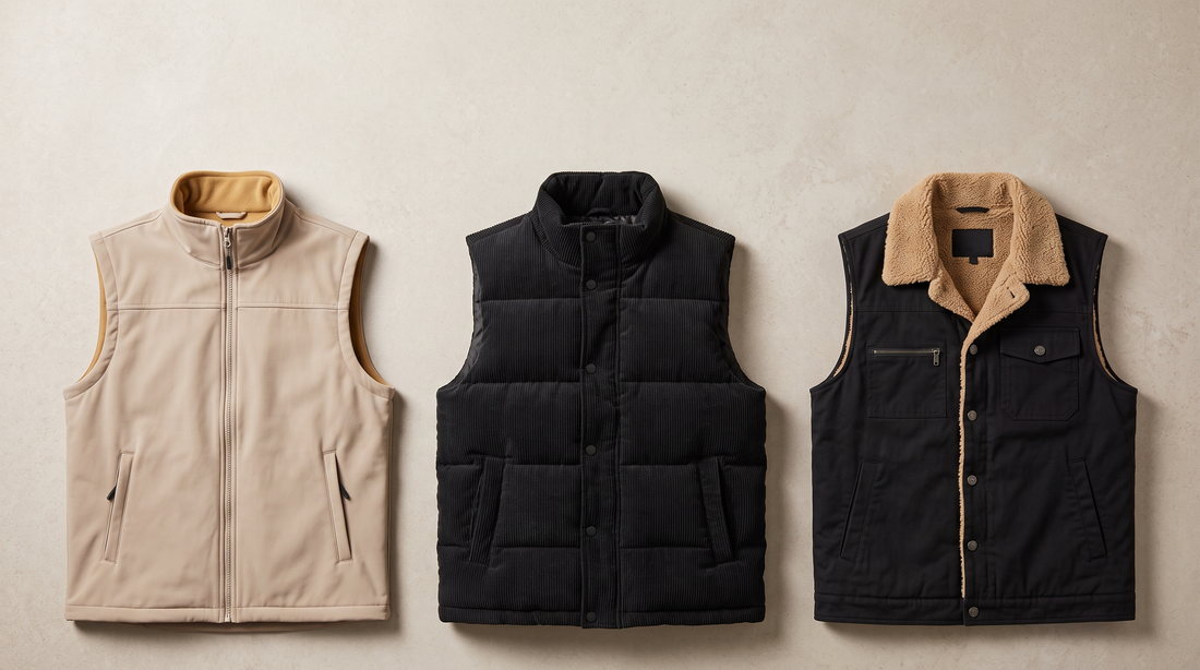 Three Adam & Westcott men's vests under $50 laid flat: beige softshell fleece, black corduroy puffer and black lapel collar vest