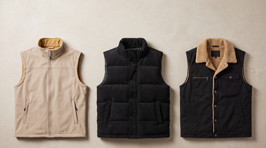 Three Adam & Westcott men's vests under $50 laid flat: beige softshell fleece, black corduroy puffer and black lapel collar vest