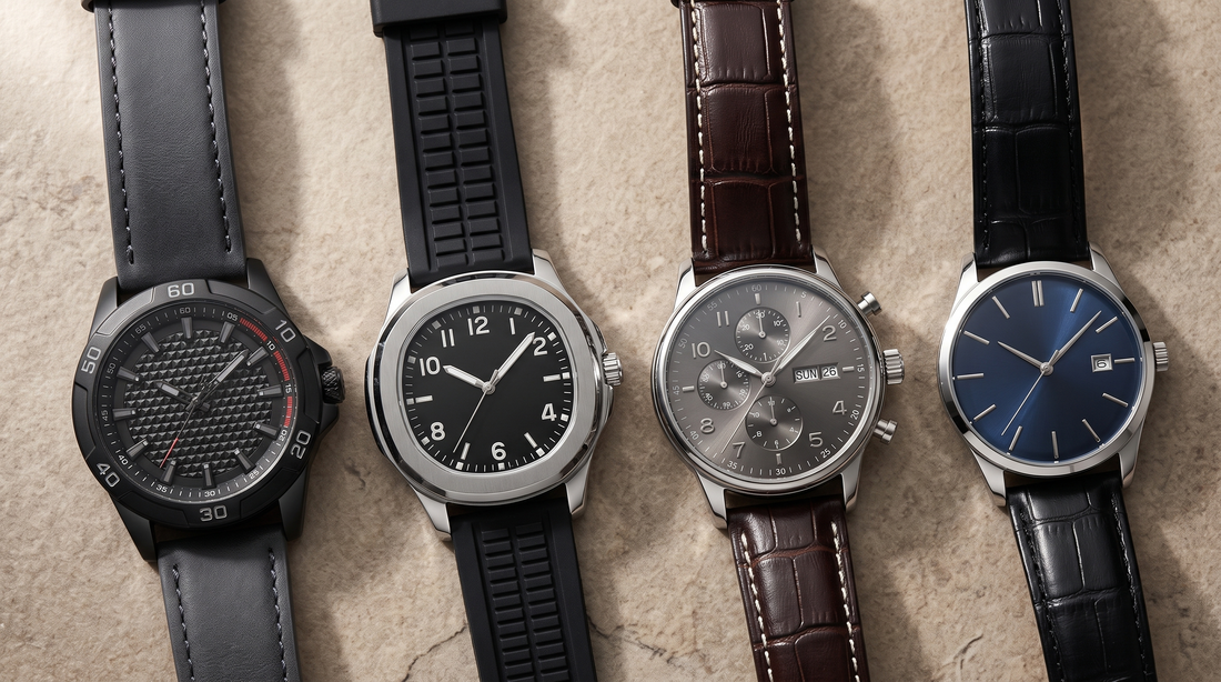 Four Adam & Westcott men's watches laid flat on stone, from a textured sport dial to a slim steel dress watch