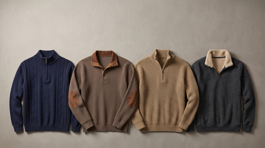Four new Adam & Westcott men's sweaters laid flat: navy cable half zip, brown elbow patch pullover, khaki rib zip neck and dark grey fleece lined quarter zip