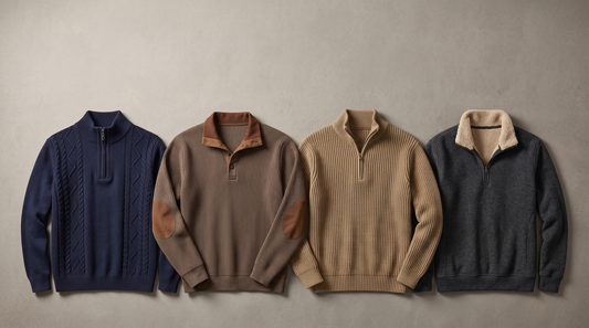 Four new Adam & Westcott men's sweaters laid flat: navy cable half zip, brown elbow patch pullover, khaki rib zip neck and dark grey fleece lined quarter zip