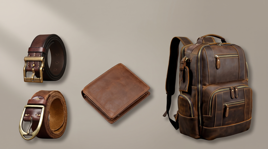 Adam & Westcott full-grain leather belts, a leather wallet and a cowhide backpack on a neutral background