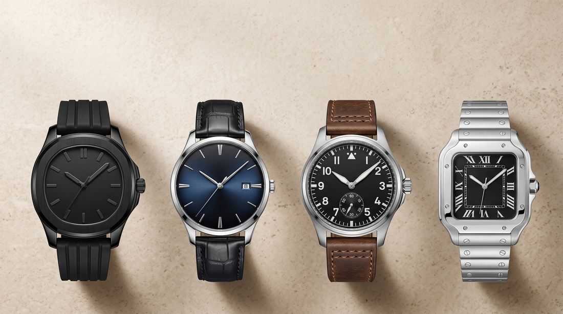 Four Adam & Westcott men's watches in a row on a warm stone surface: a black sport watch, a navy dress watch, a pilot-style watch on brown leather and a steel square watch