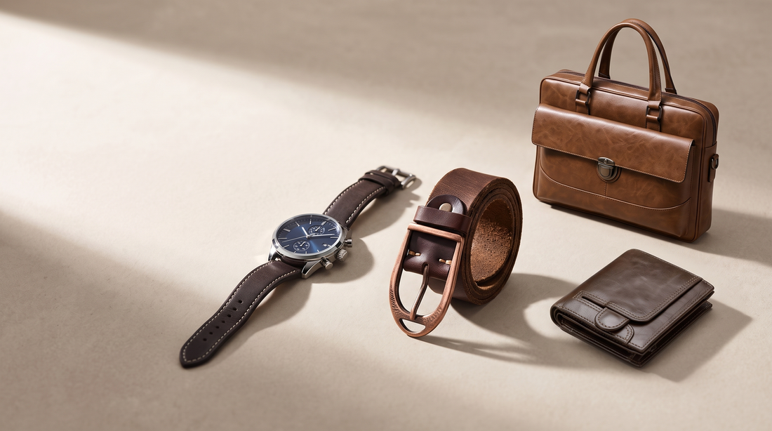 Adam & Westcott gifts for men under $100: chronograph watch, full-grain leather belt, leather briefcase and bifold wallet
