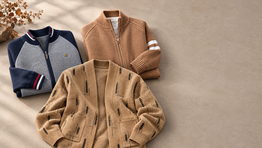Three Adam & Westcott men's knit cardigans laid out on a warm neutral surface