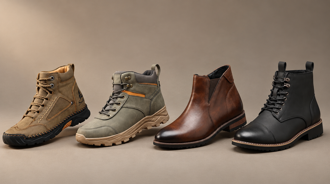 Four Adam & Westcott men's boots in a row: khaki hand-stitched, green waterproof hiking, brown Chelsea and black cap-toe