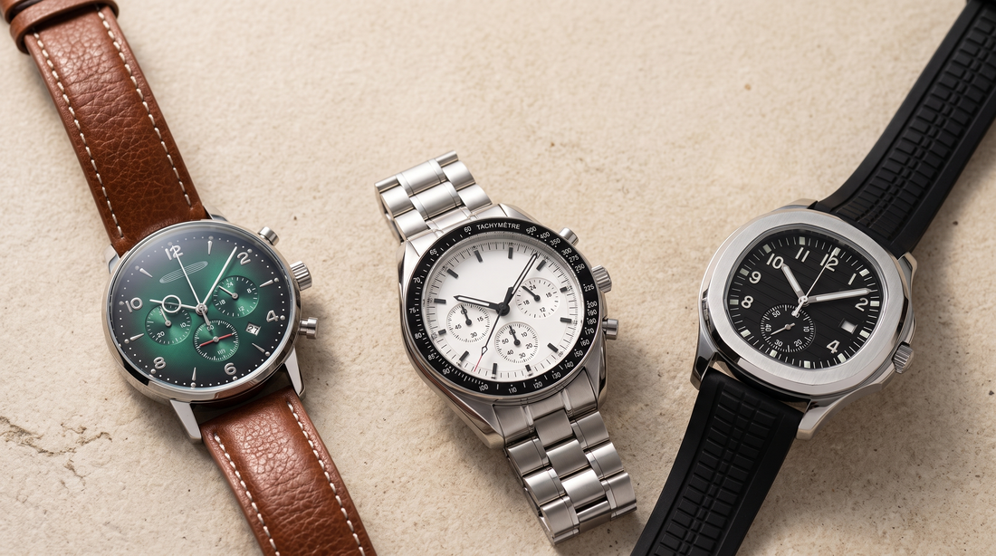 Three Adam & Westcott men's watches on a stone surface: a brown leather strap, a stainless steel bracelet and a black silicone strap