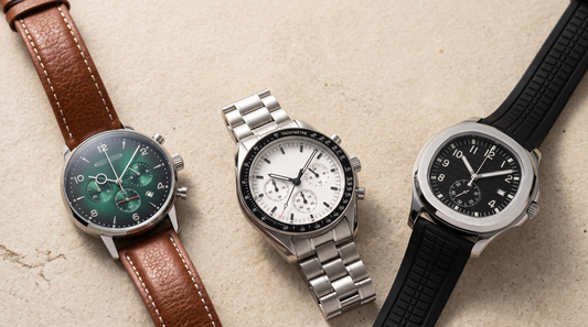 Three Adam & Westcott men's watches on a stone surface: a brown leather strap, a stainless steel bracelet and a black silicone strap
