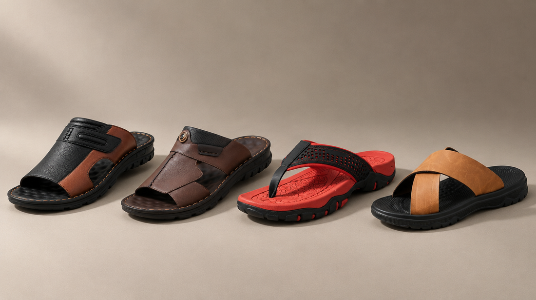 Four pairs of Adam & Westcott men's slides lined up on a warm neutral studio background