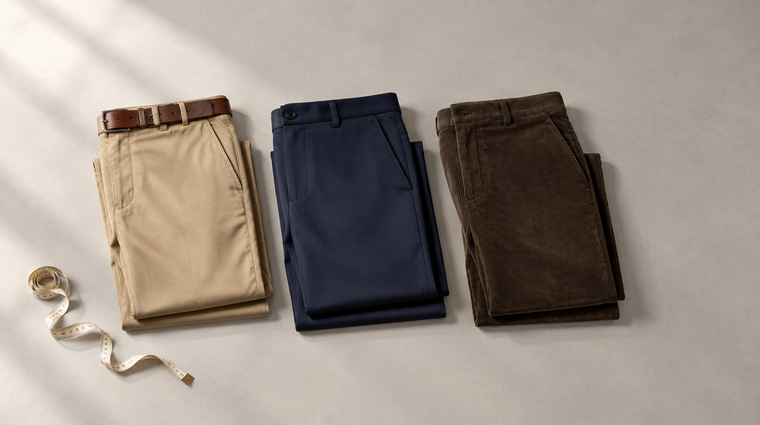 Three pairs of Adam and Westcott men's trousers folded beside a tape measure
