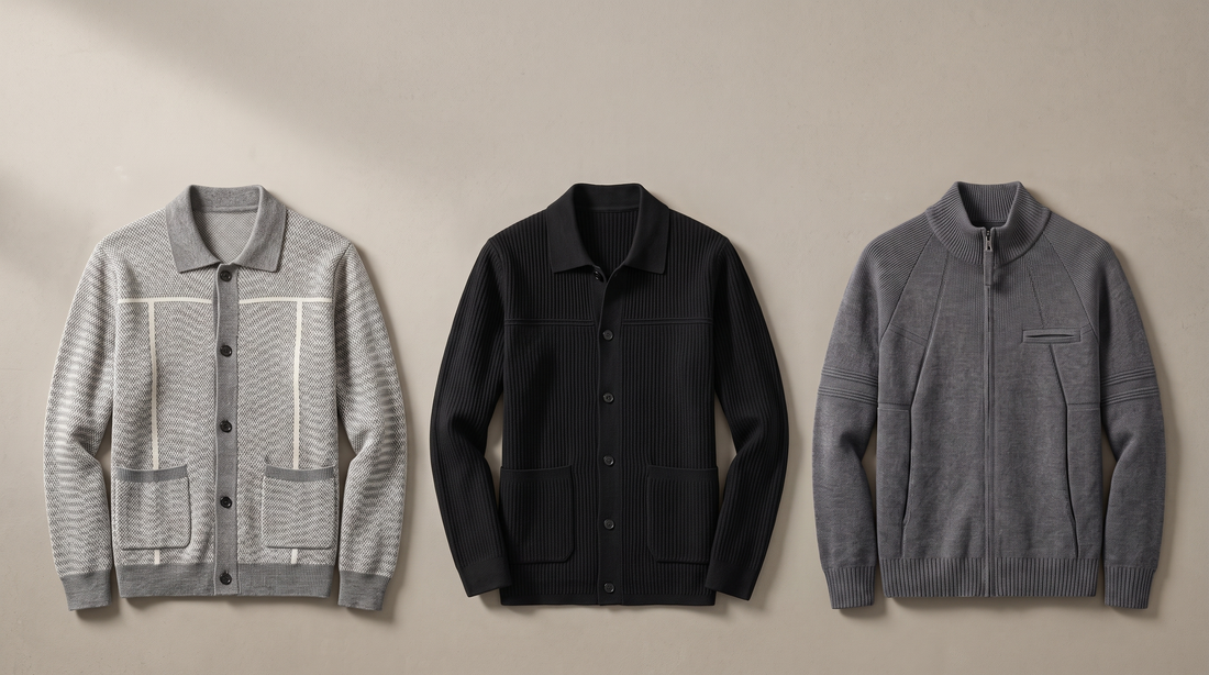 Three Adam & Westcott men's knit cardigans laid flat on a warm neutral background
