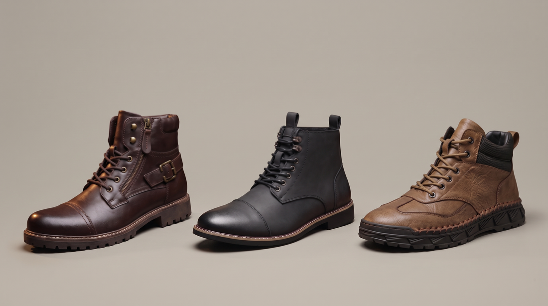 Three Adam & Westcott best-selling men's leather boots side by side: a brown buckle-strap side-zip biker boot, a black cap-toe lace-up ankle boot and a brown rugged lace-up boot.