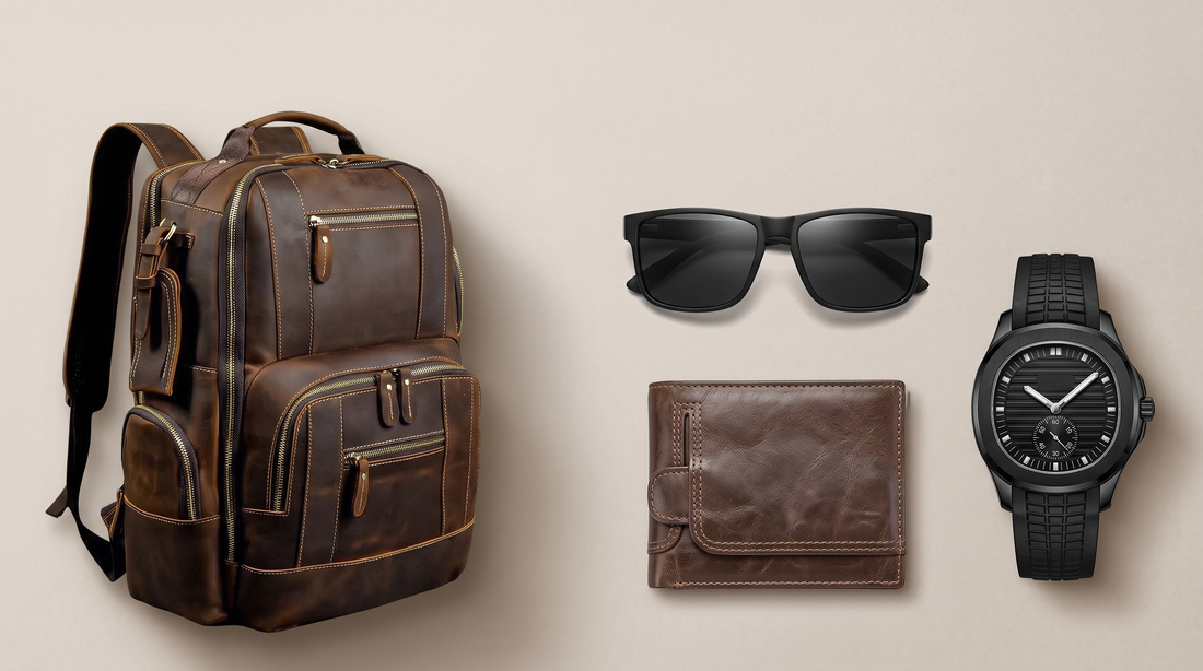 Adam and Westcott leather travel backpack, square sunglasses, bifold wallet and sport watch arranged on a warm neutral background