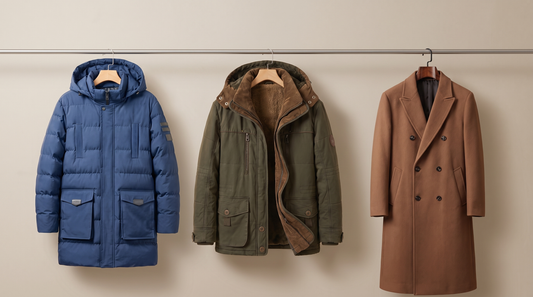 Three new Adam and Westcott men's winter coats hanging side by side, a blue quilted coat, a green cord collar parka and a brown wool blend overcoat