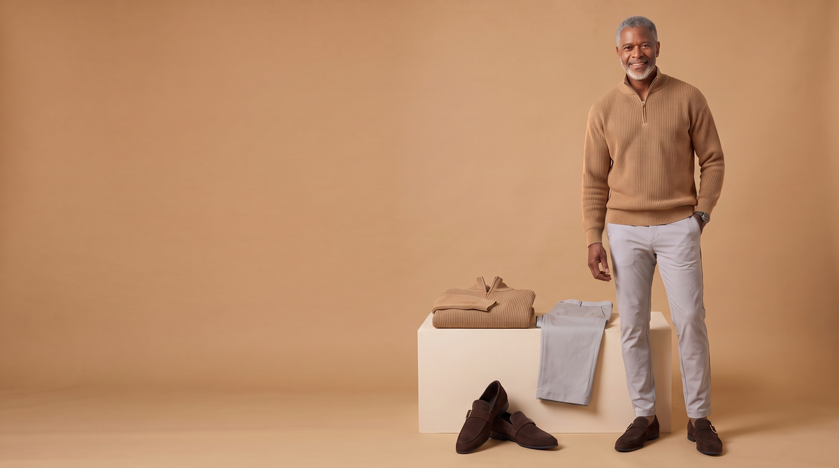 Man wearing the Adam & Westcott Heavy Rib Sweater in khaki, Slim Stretch Casual Pants in light grey and Refined Slip-On Loafers in coffee, with the same pieces displayed beside him