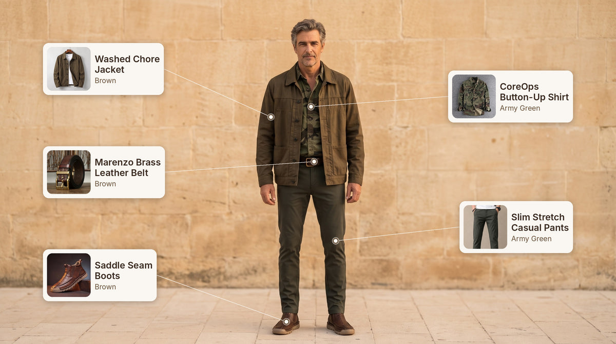 Man wearing The Layering Rotation: Brown Washed Chore Jacket, Army Green CoreOps Button-Up Shirt, Brown Marenzo Brass Leather Belt, Army Green Slim Stretch Casual Pants and Brown Saddle Seam Boots