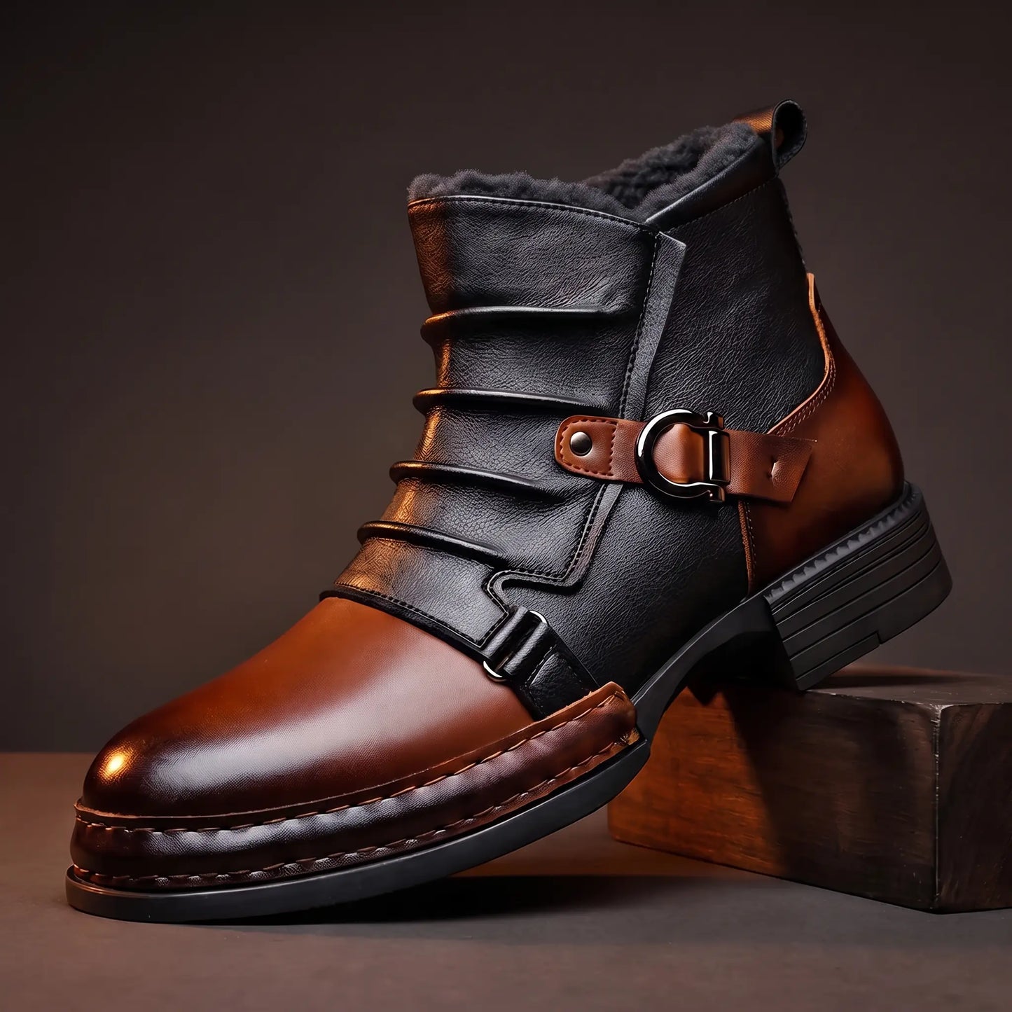 Two tone leather boots brown with fur lined collar