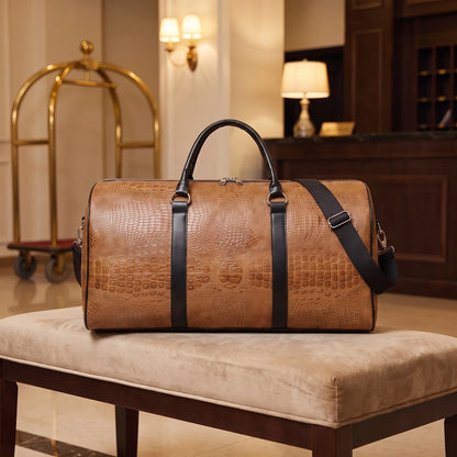 Crocodile textured weekender duffel bag in light brown