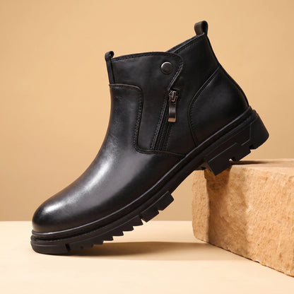 SHARP ZIP ANKLE BOOTS black plush fleece-lined high-top side-zip boot on a warm sandstone block