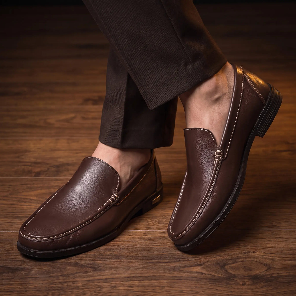 Man wearing brown Smooth Leather Toe Loafers