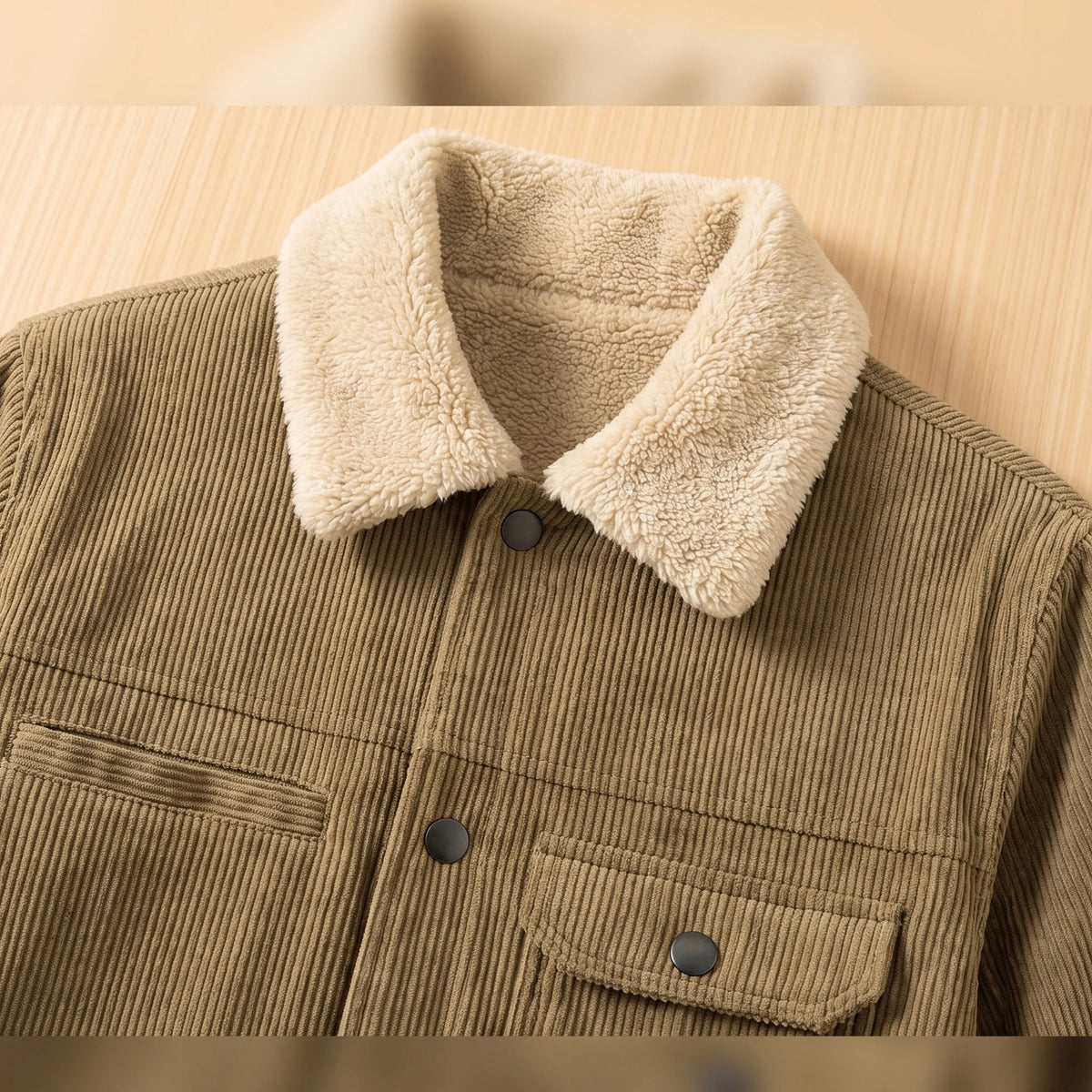 Close up of the corduroy jacket sherpa collar, button placket and chest pockets