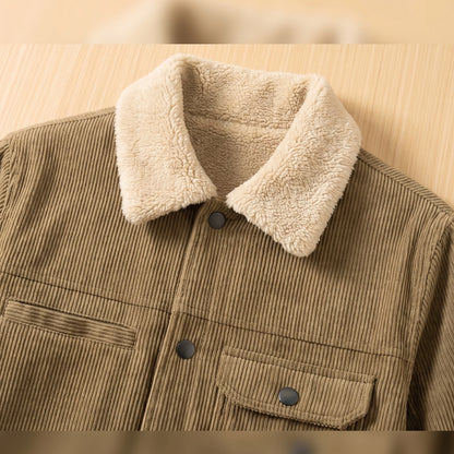Close up of the corduroy jacket sherpa collar, button placket and chest pockets