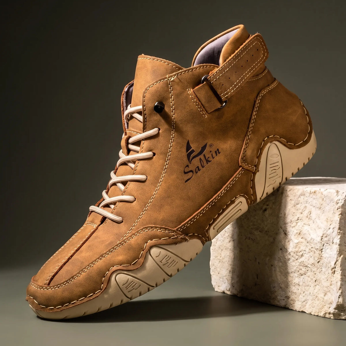 Men's tan brown suede high top ankle boot sneaker with padded collar and cream wave sole