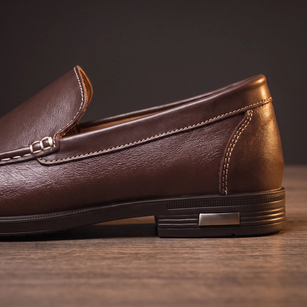 Smooth Leather Toe Loafers brown side profile detail, heel and sole