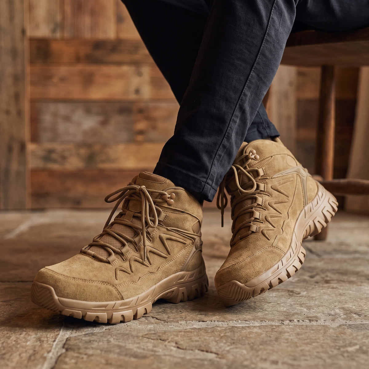 Man wearing brown hiking shoes with dark trousers