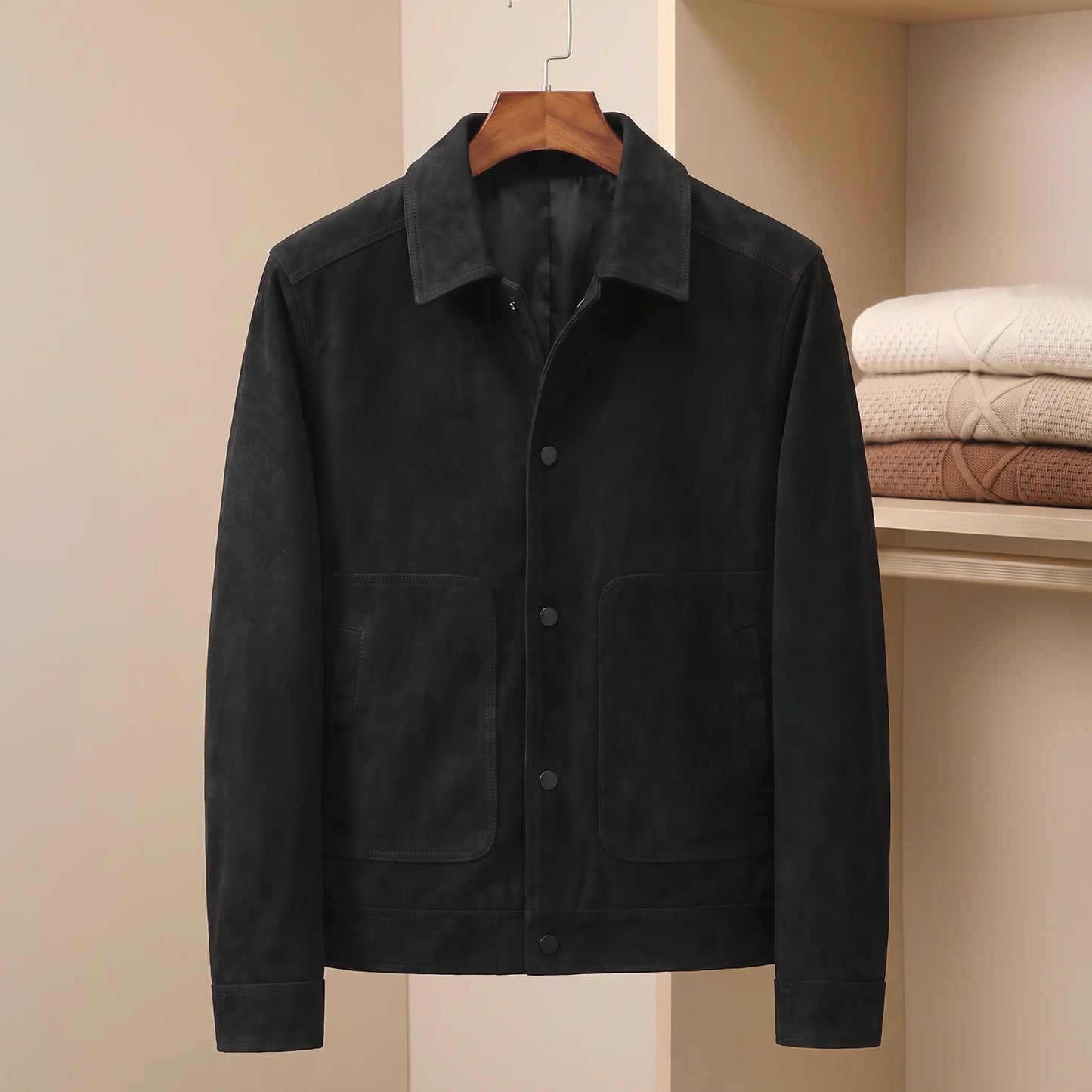Slim Collared Jacket in black, men's soft brushed turn-down collar jacket