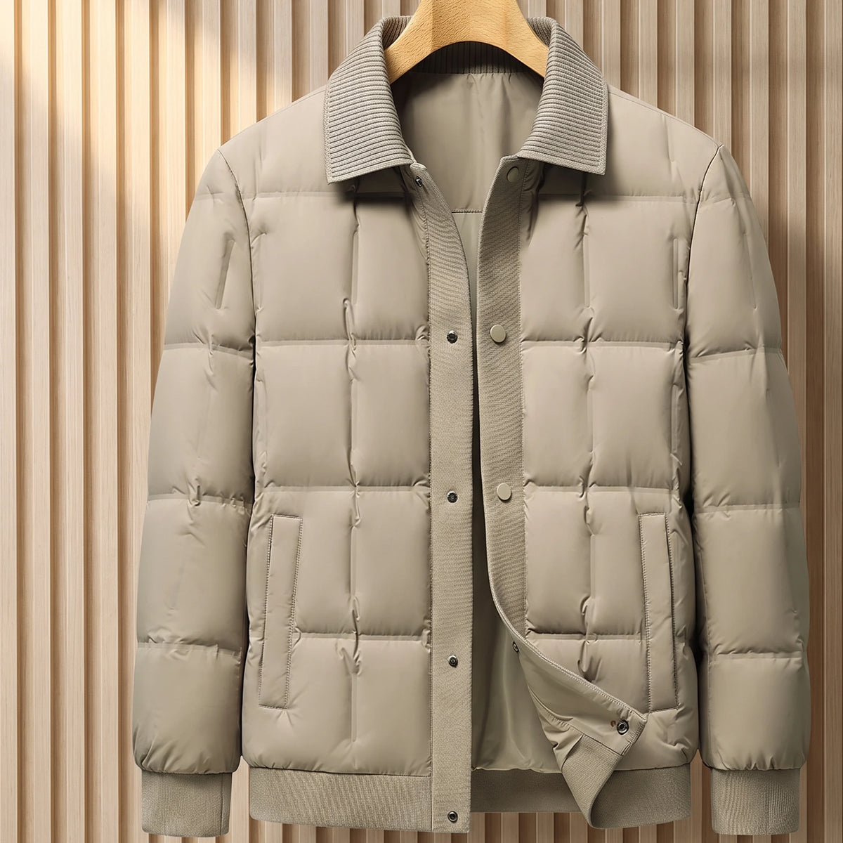Khaki box quilted down jacket with ribbed knit collar on a wooden hanger, front view