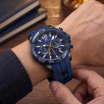 Man fastening the blue screw bezel chronograph watch onto his wrist