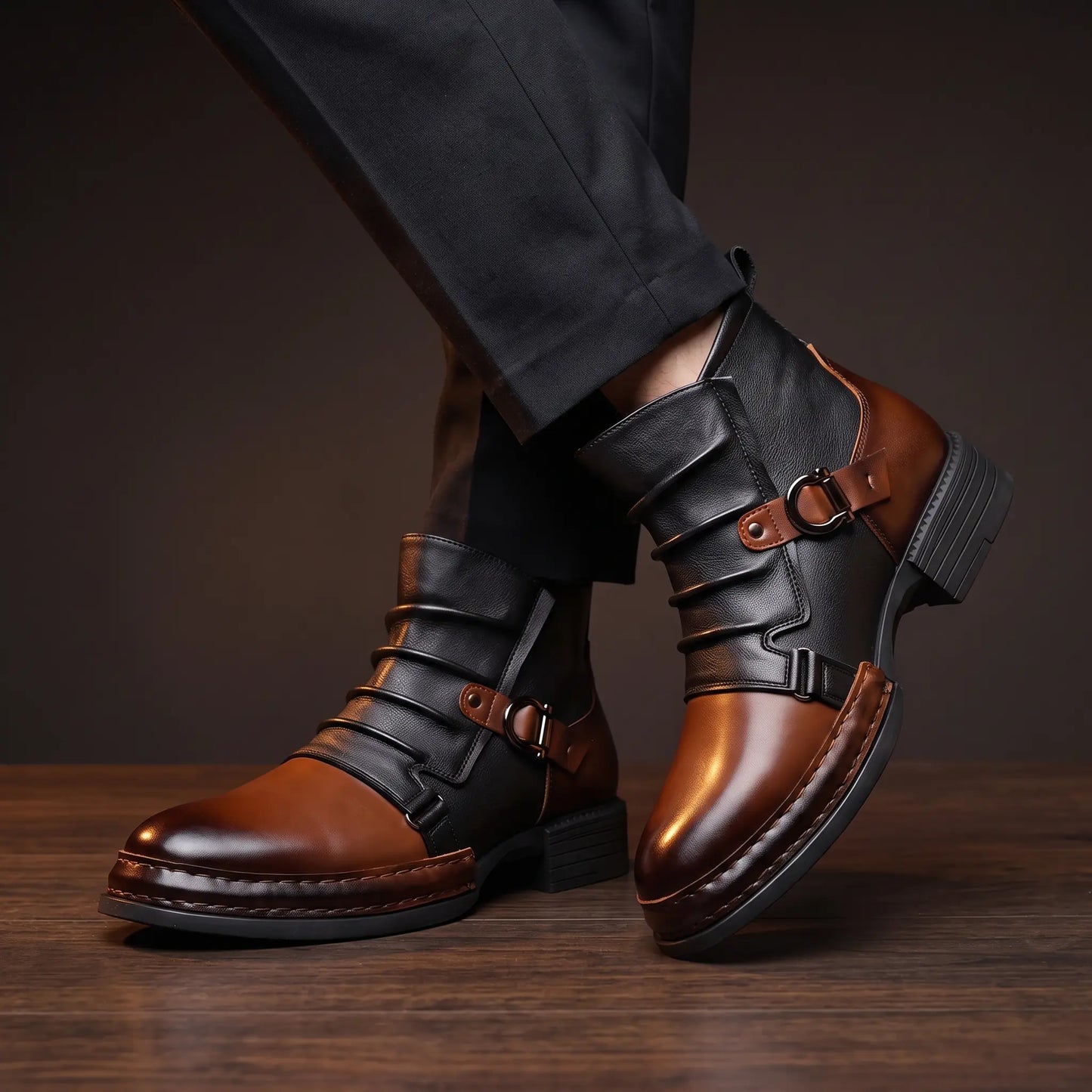 Two tone leather boots worn with dark trousers