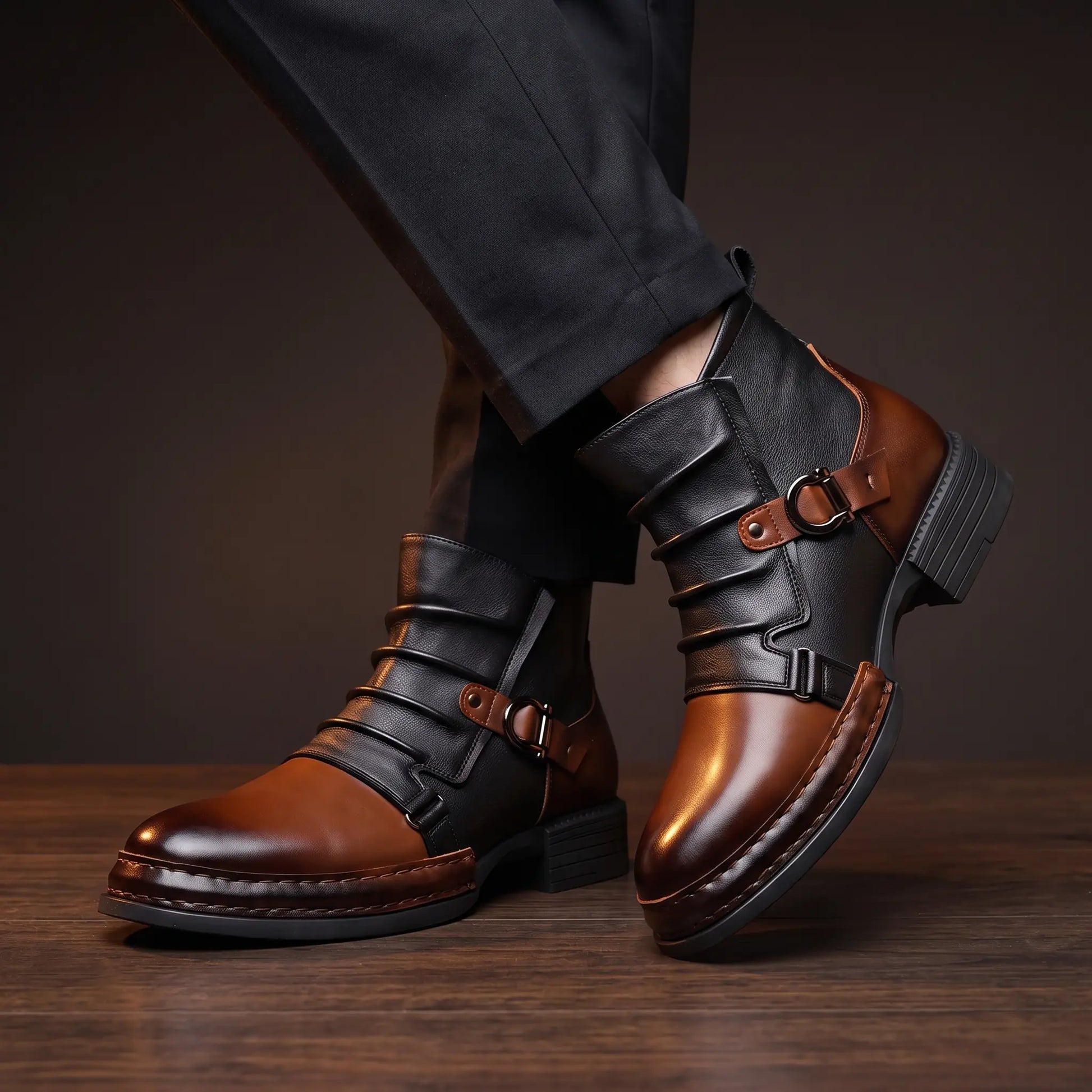 Two tone leather boots worn with dark trousers