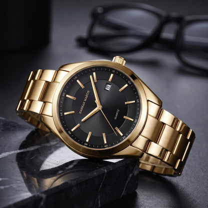 Gold Black quartz watch with gold case and black dial