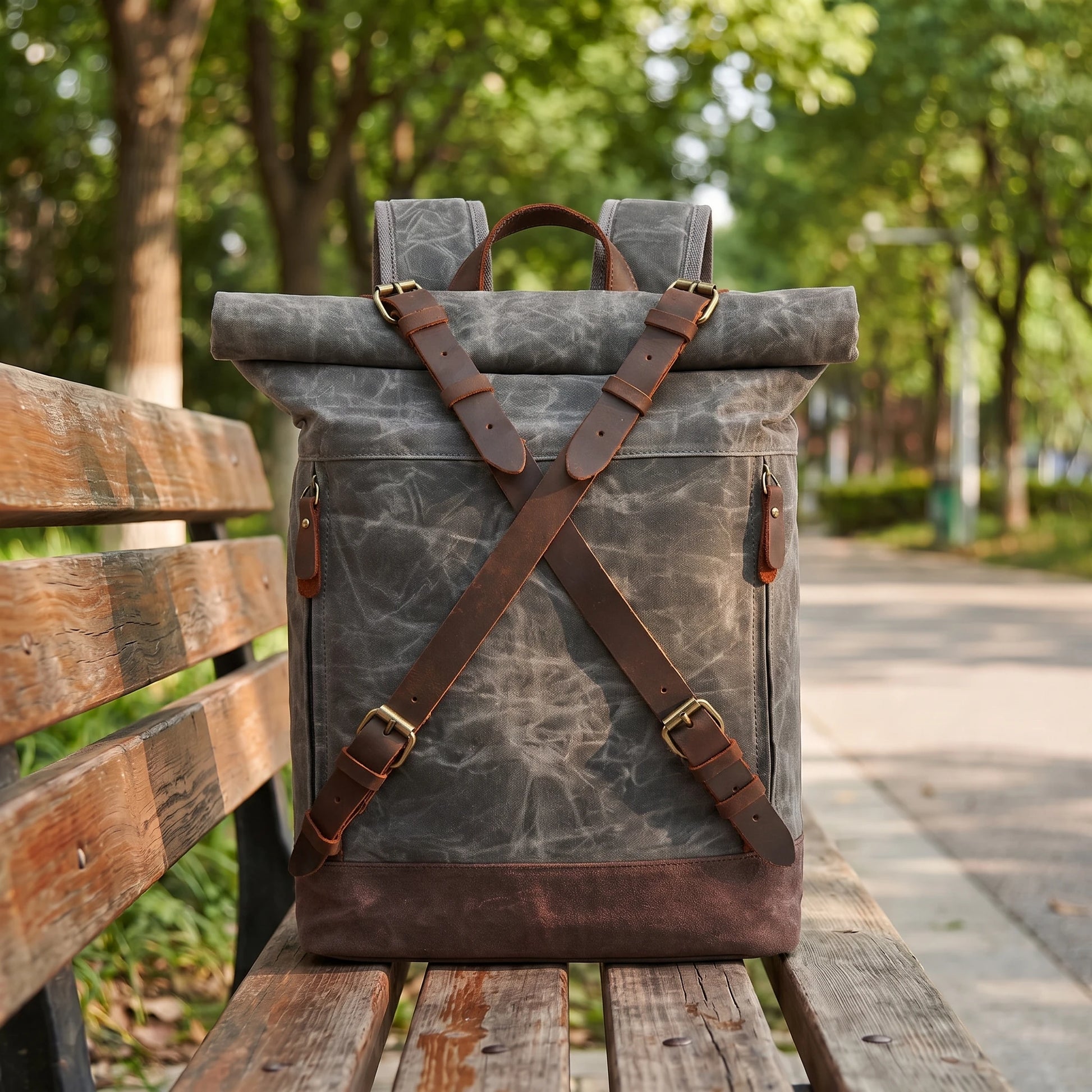 Rugged waxed canvas roll top backpack in gray