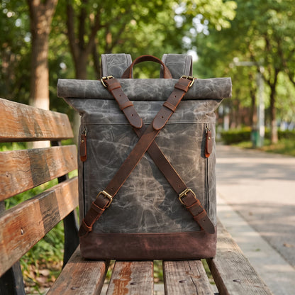 Rugged waxed canvas roll top backpack in gray