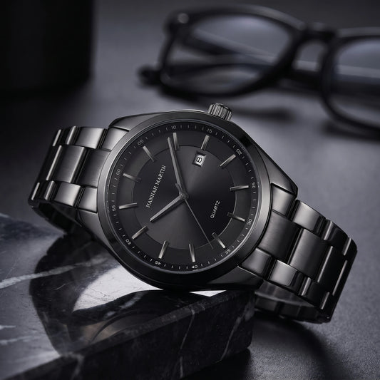Black quartz watch with dark case and black dial