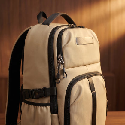 Large capacity laptop backpack side pocket detail