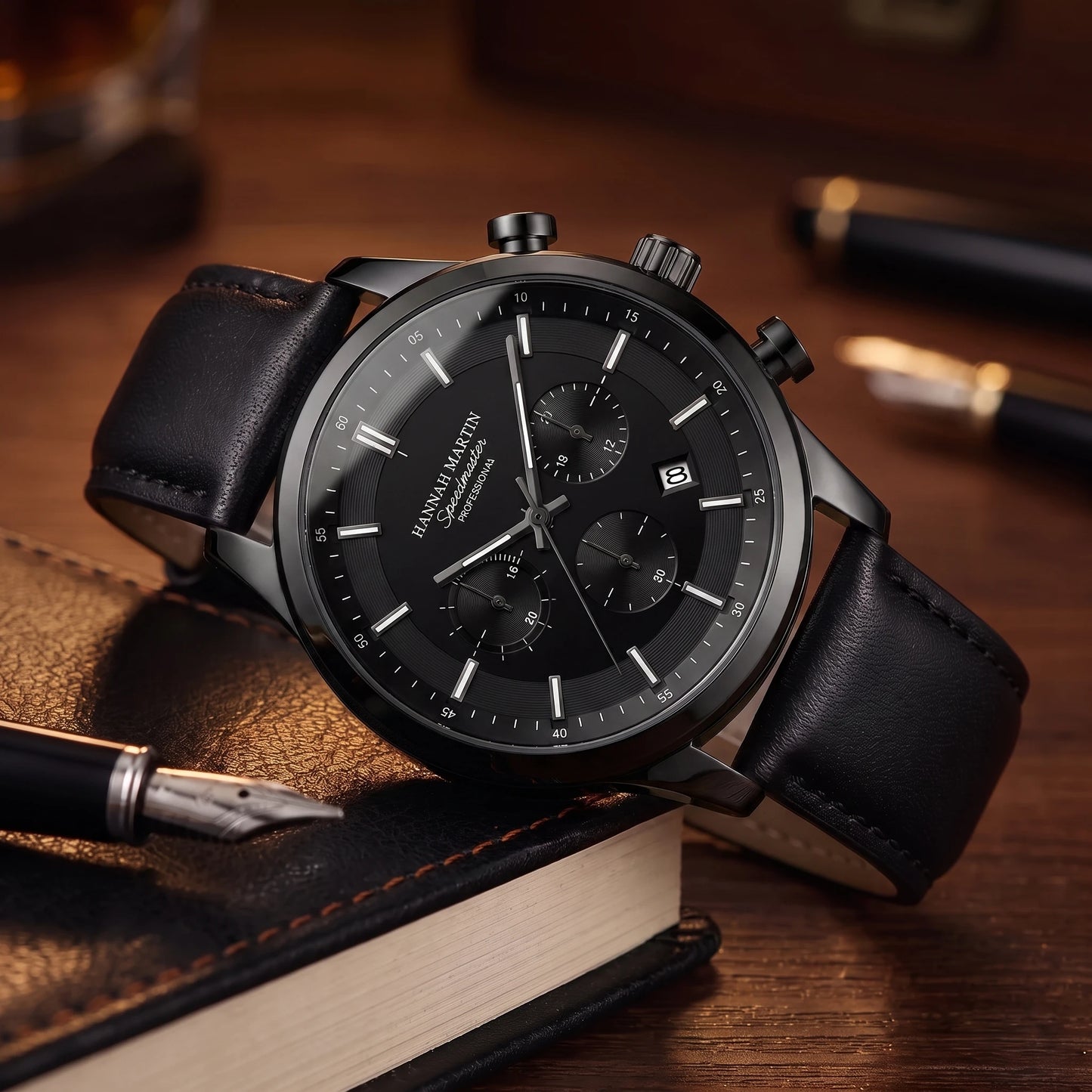 LEATHER CHRONOGRAPH WATCH black case draped over leather journal on an expedition desk