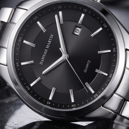 Close-up detail of the quartz watch dial and hands