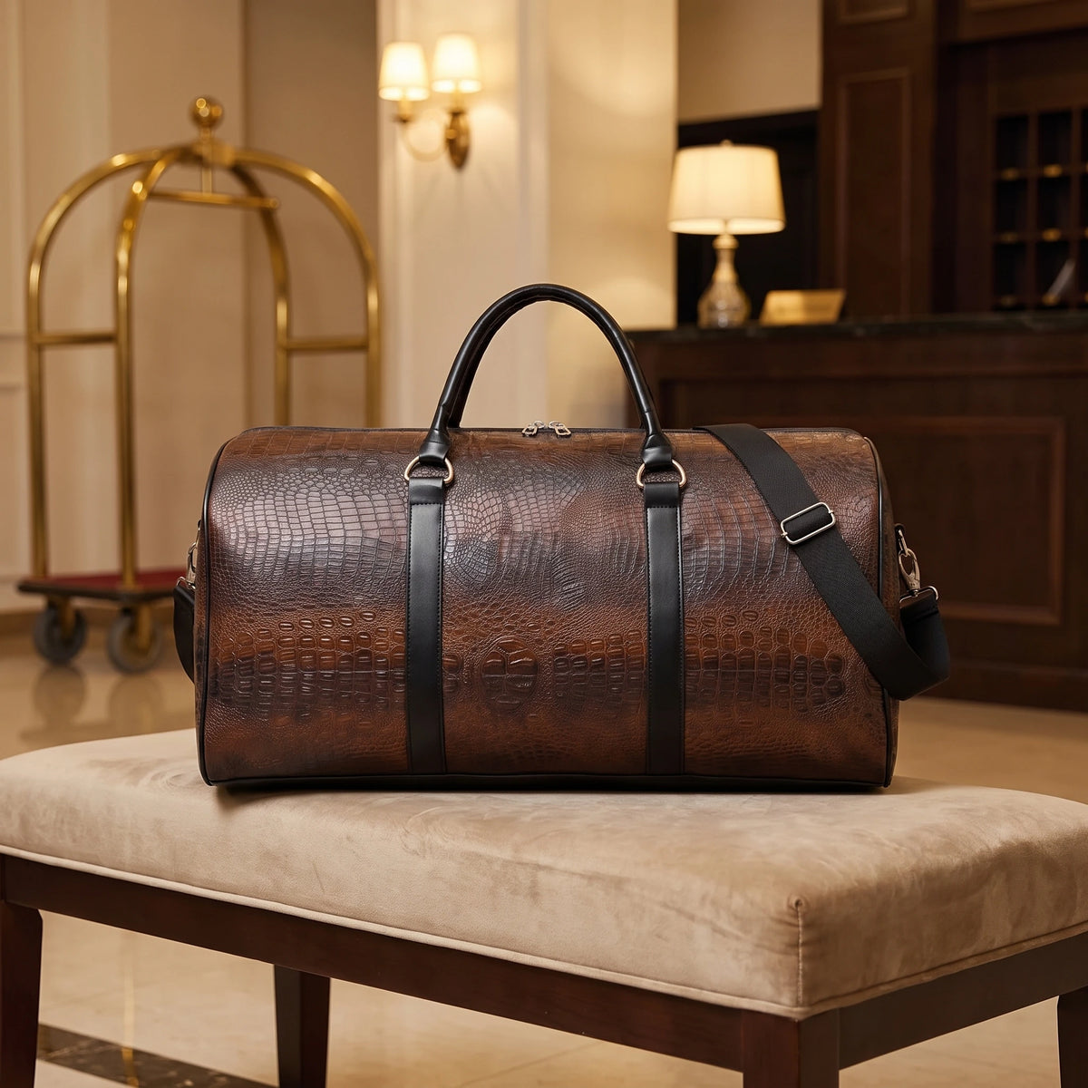 Crocodile textured weekender duffel bag in dark brown